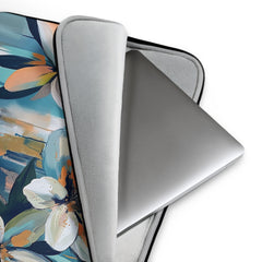 Detail view of laptop sleeve Serene Bloom by Drese Art — calm botanical pattern in pastel tones