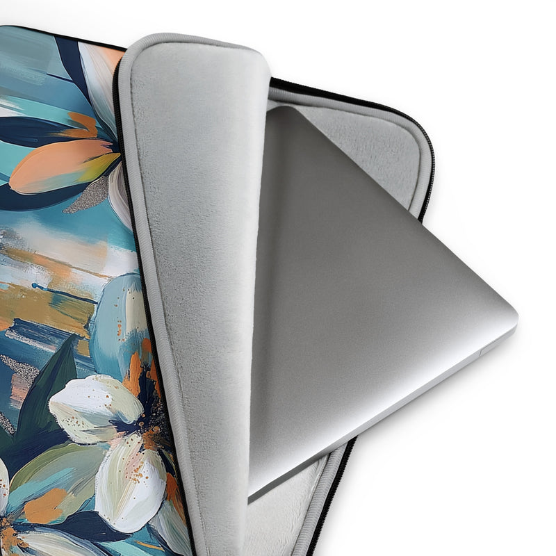Detail view of laptop sleeve Serene Bloom by Drese Art — calm botanical pattern in pastel tones