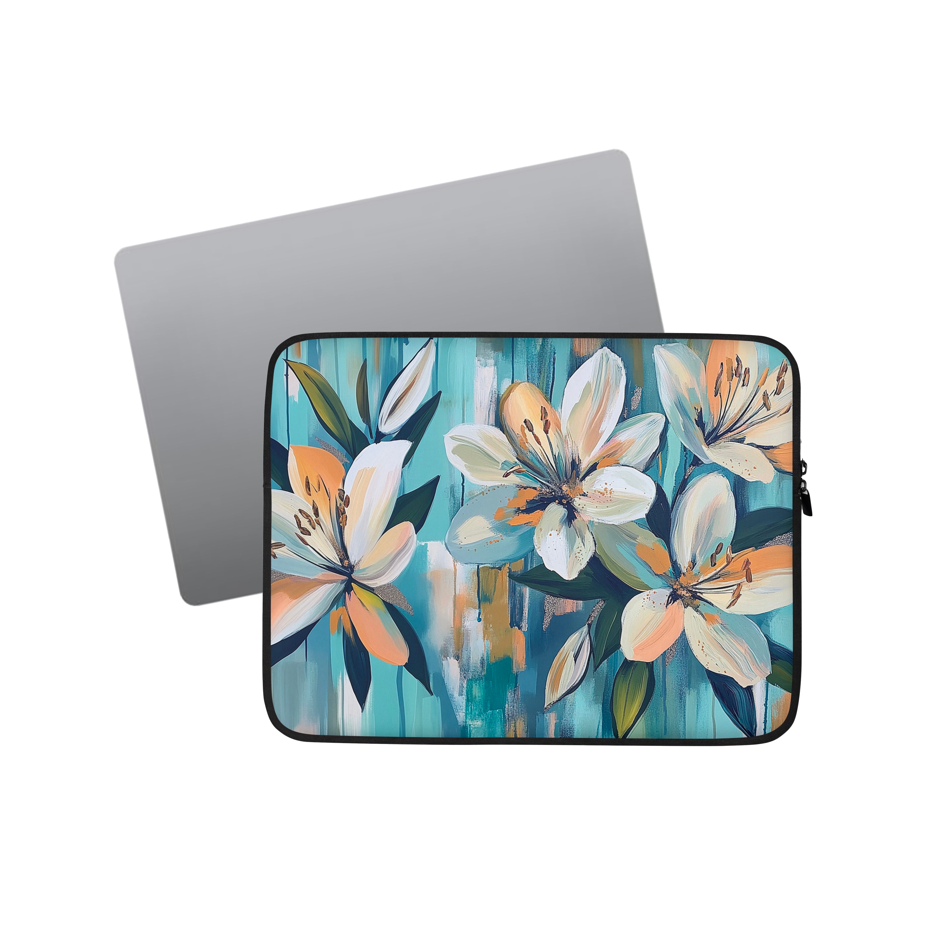 Laptop sleeve Serene Bloom by Drese Art — calm botanical pattern in pastel tones