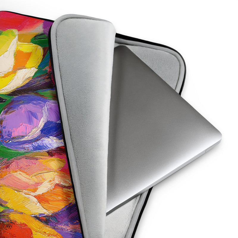 Detail view of laptop sleeve Vibrant Awakening by Drese Art — lively spring floral palette