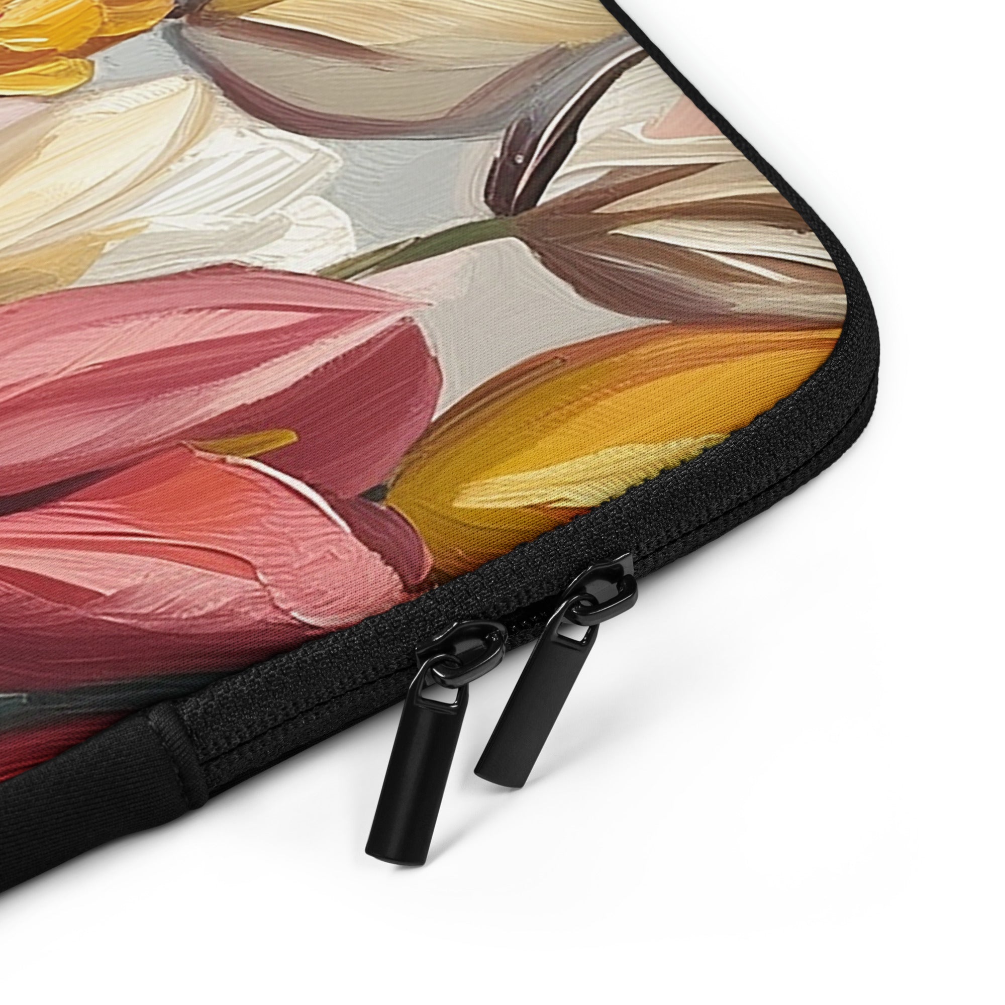 Closeup of laptop sleeve Whispers of Spring by Drese Art — delicate florals in fresh greens.