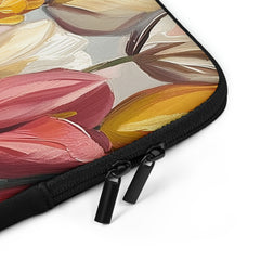 Closeup of laptop sleeve Whispers of Spring by Drese Art — delicate florals in fresh greens.