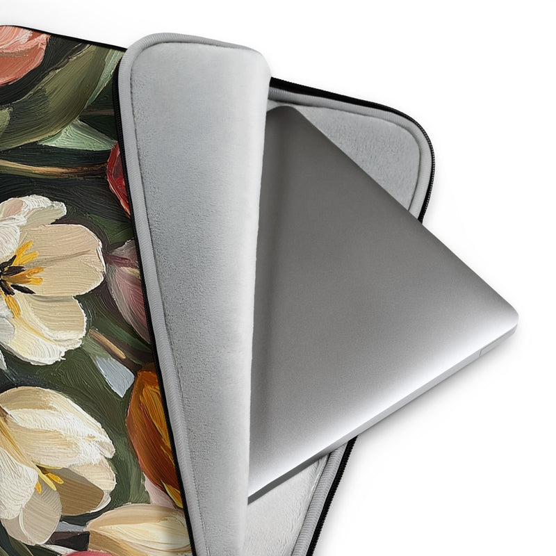 Detail view of laptop sleeve Whispers of Spring by Drese Art — delicate florals in fresh greens
