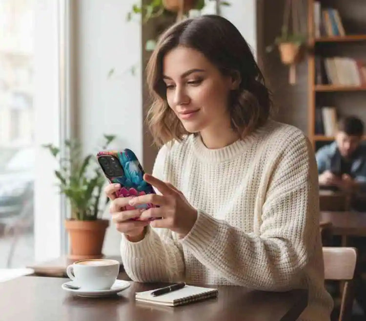 Woman using the Floral Radiance iPhone case featuring original floral artwork by Drese Art in a cozy café.