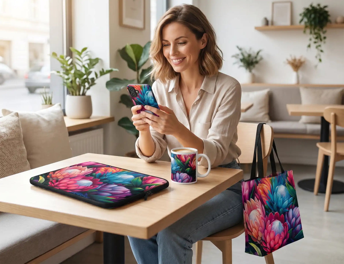 Woman using coordinated everyday accessories featuring original Floral Radiance artwork by Drese Art in a modern café.