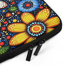 Closeup of laptop sleeve Blooming Dreamtime by Drese Art — Indigenous Australian floral motifs