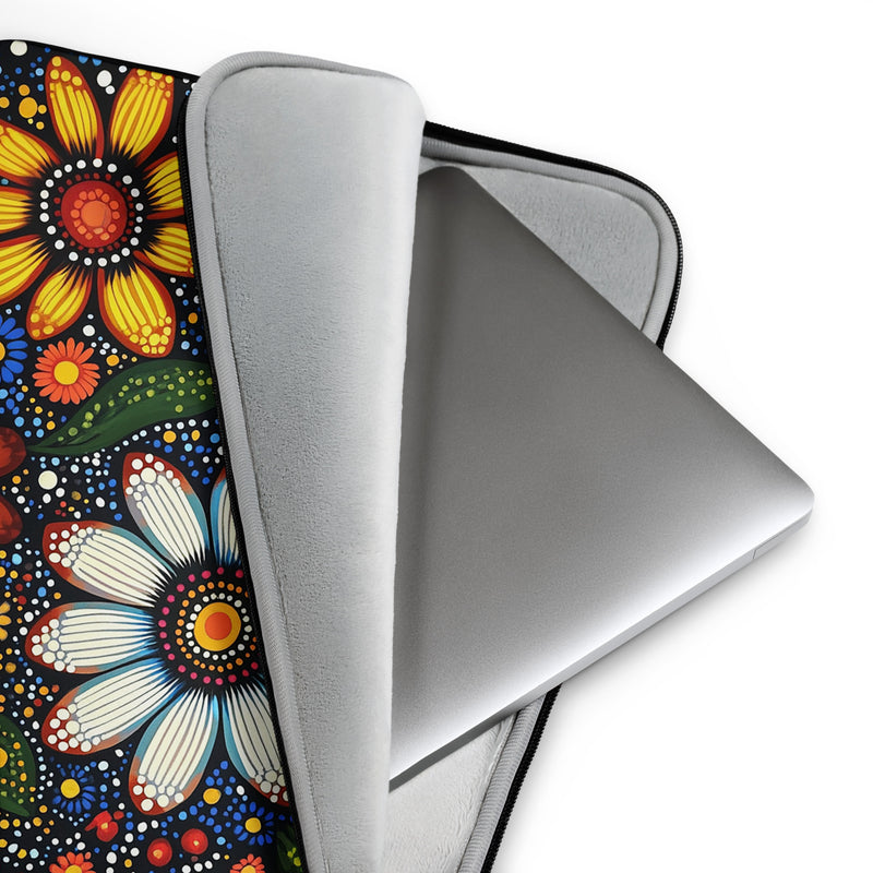 Detail view of laptop sleeve Blooming Dreamtime by Drese Art — Indigenous Australian floral motifs