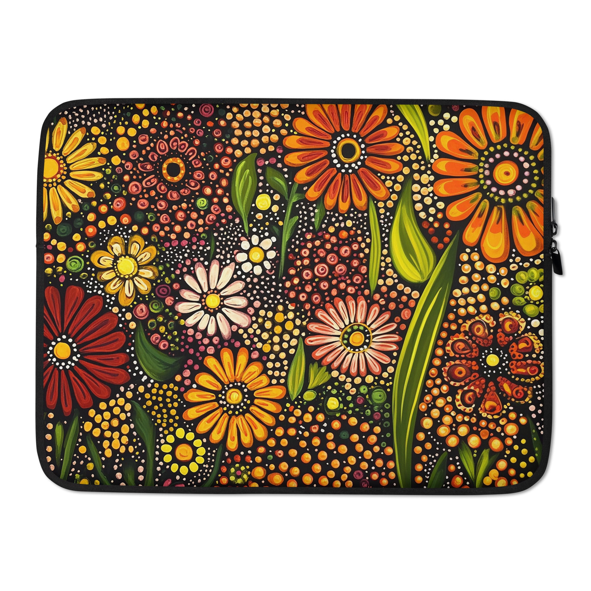 15-inch laptop sleeve Flourishing Earth by Drese Art — earthy tones with cultural patterns.