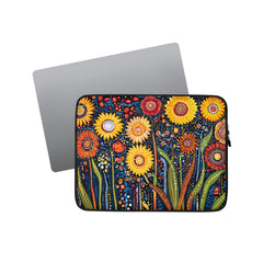 Laptop sleeve Sunlit Dreaming by Drese Art — warm Indigenous floral pattern.