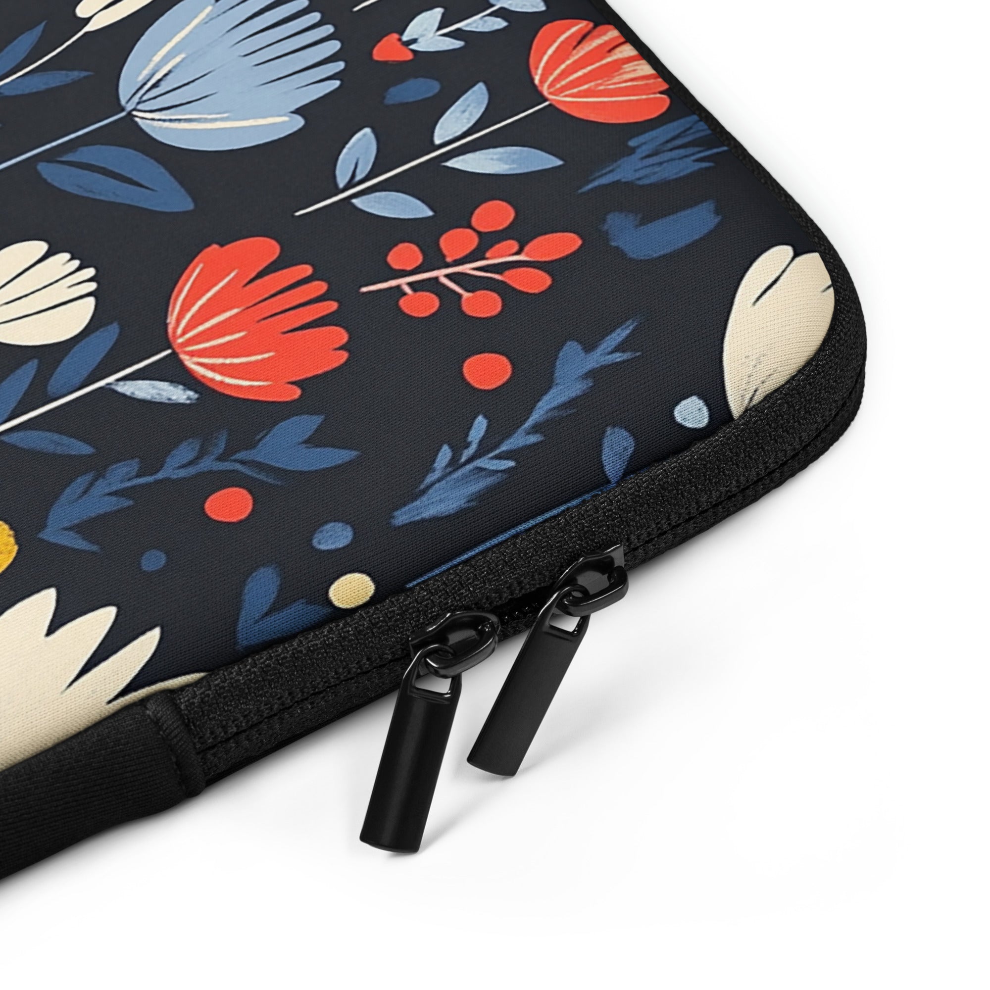 Closeup of laptop sleeve Nordic Meadow by Drese Art — Scandinavian floral design in soft hues