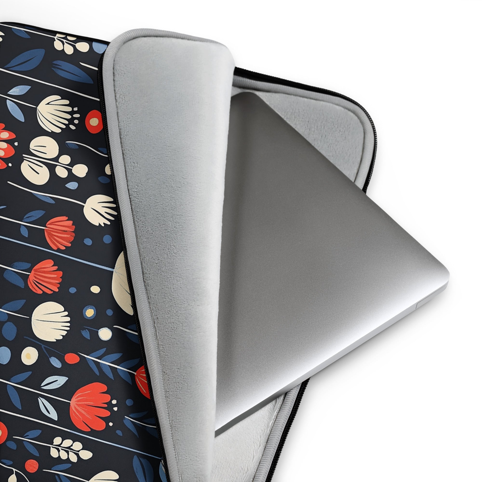 Detail view of laptop sleeve Nordic Meadow by Drese Art — Scandinavian floral design in soft hues.