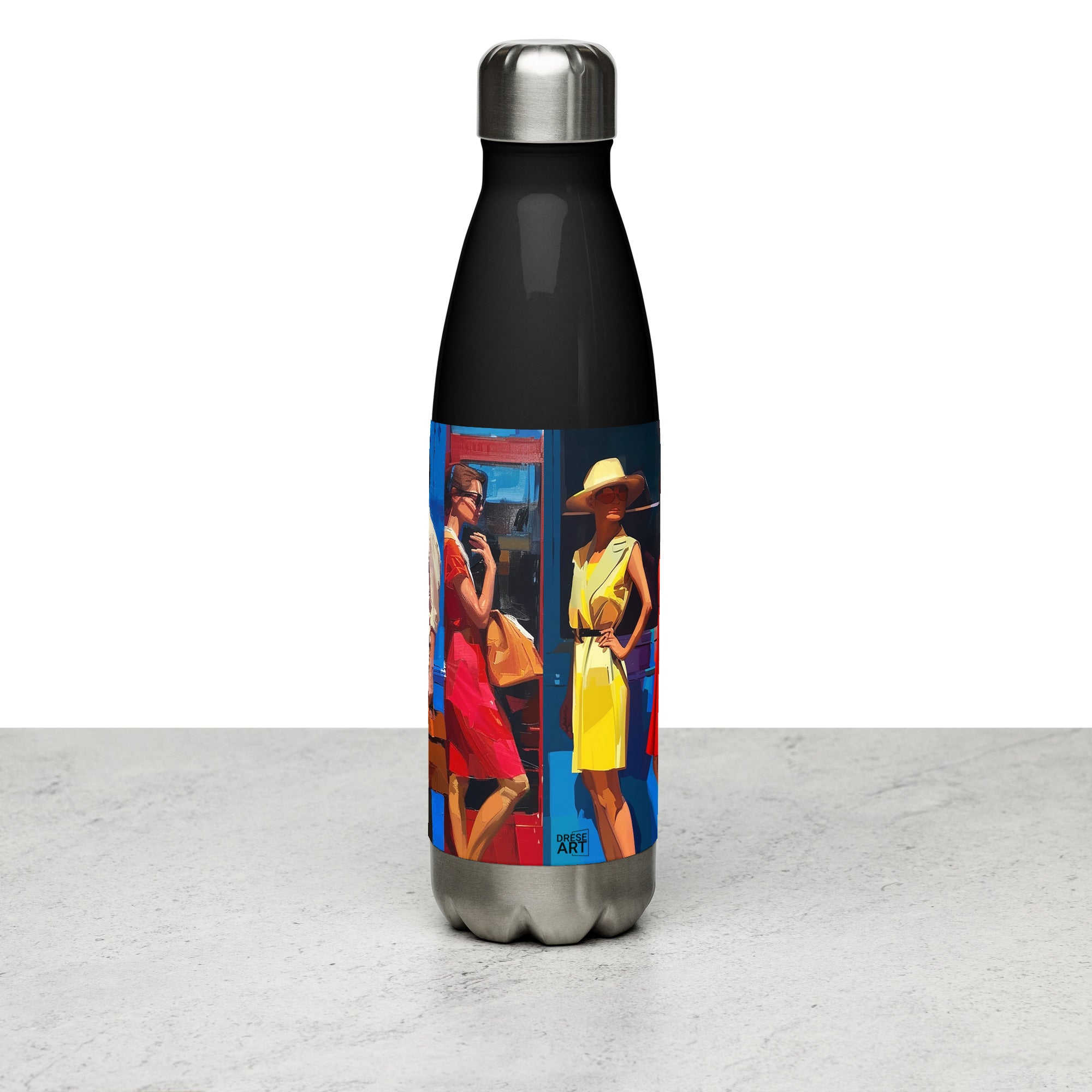 Context view of an American vintage stainless steel water bottle featuring the Colors of SoHo artwork by Drese Art