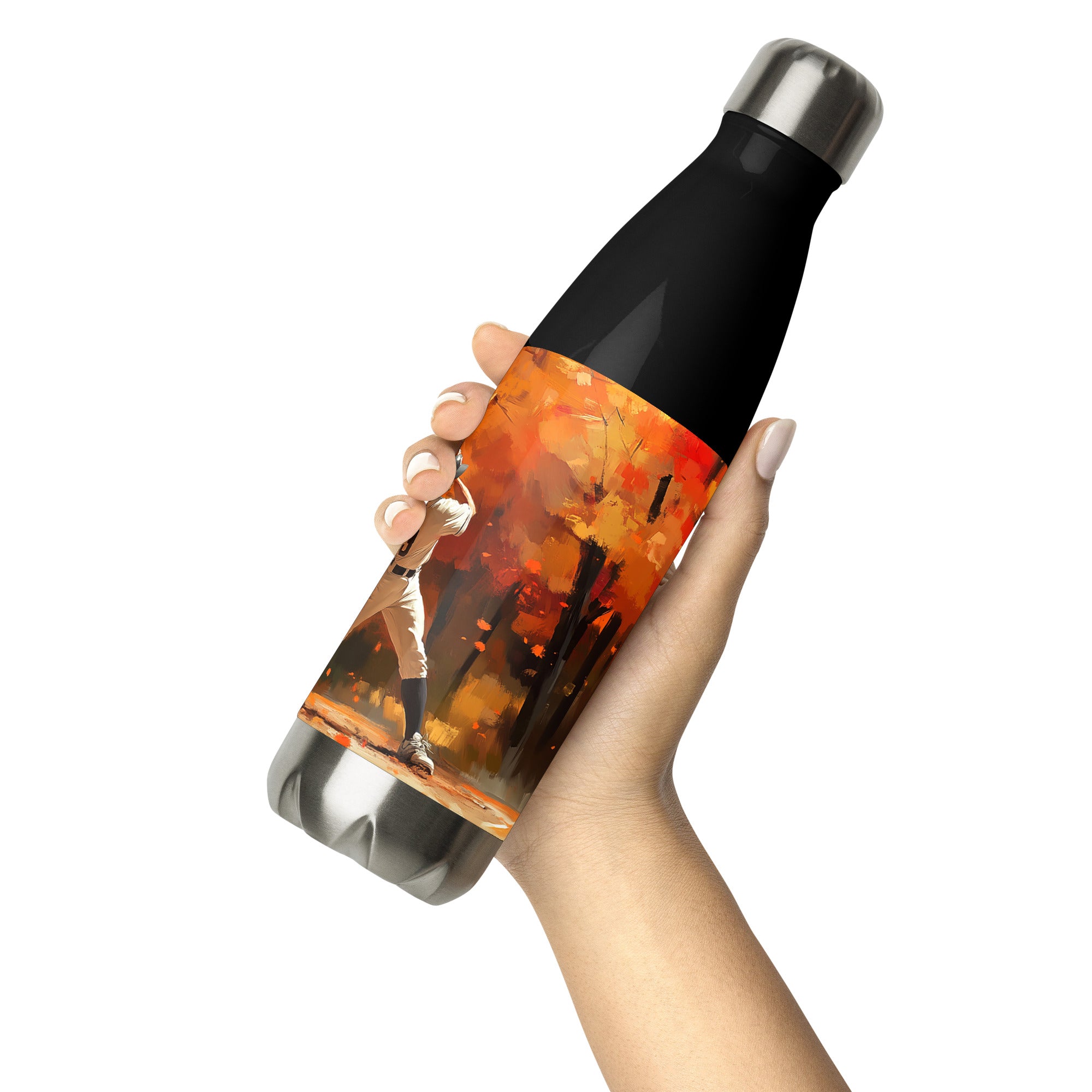 Context image of a Baseball-inspired stainless steel water bottle with the Autumn Swing artwork by Drese Art