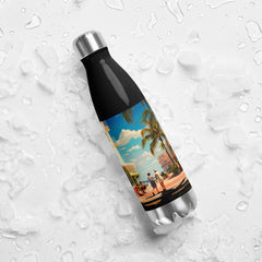 Context view of an American vintage stainless steel water bottle featuring the Miami Retro artwork by Drese Art
