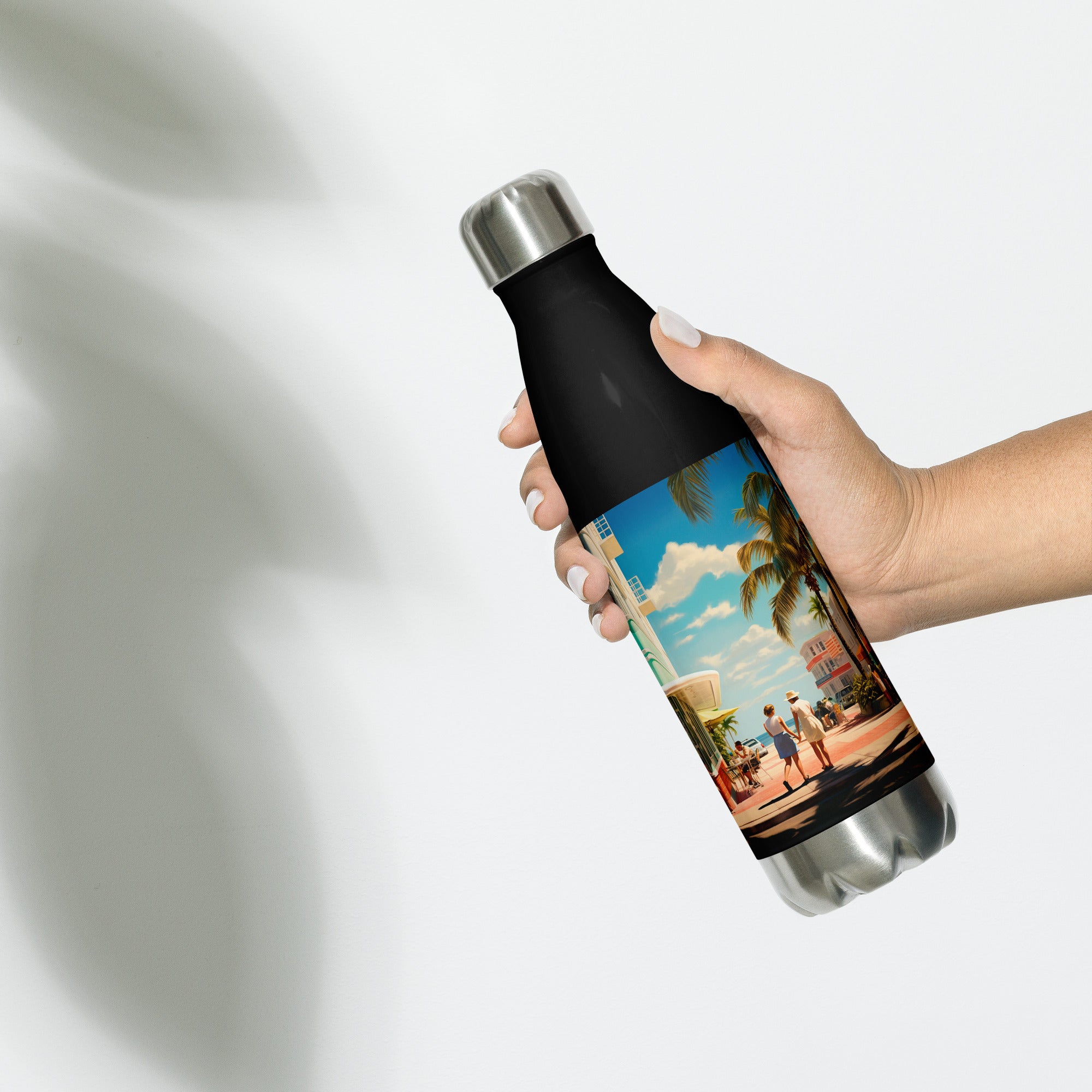 Context image of an American vintage stainless steel water bottle with the Miami Retro artwork by Drese Art