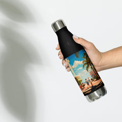 Context image of an American vintage stainless steel water bottle with the Miami Retro artwork by Drese Art