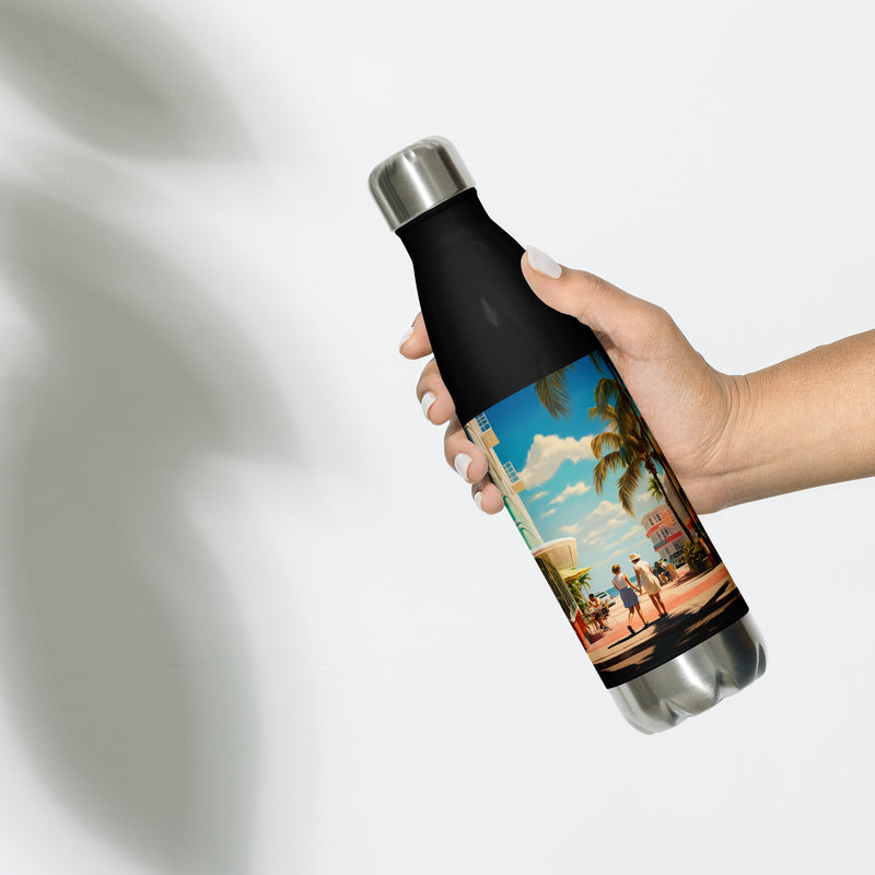 Context image of an American vintage stainless steel water bottle with the Miami Retro artwork by Drese Art