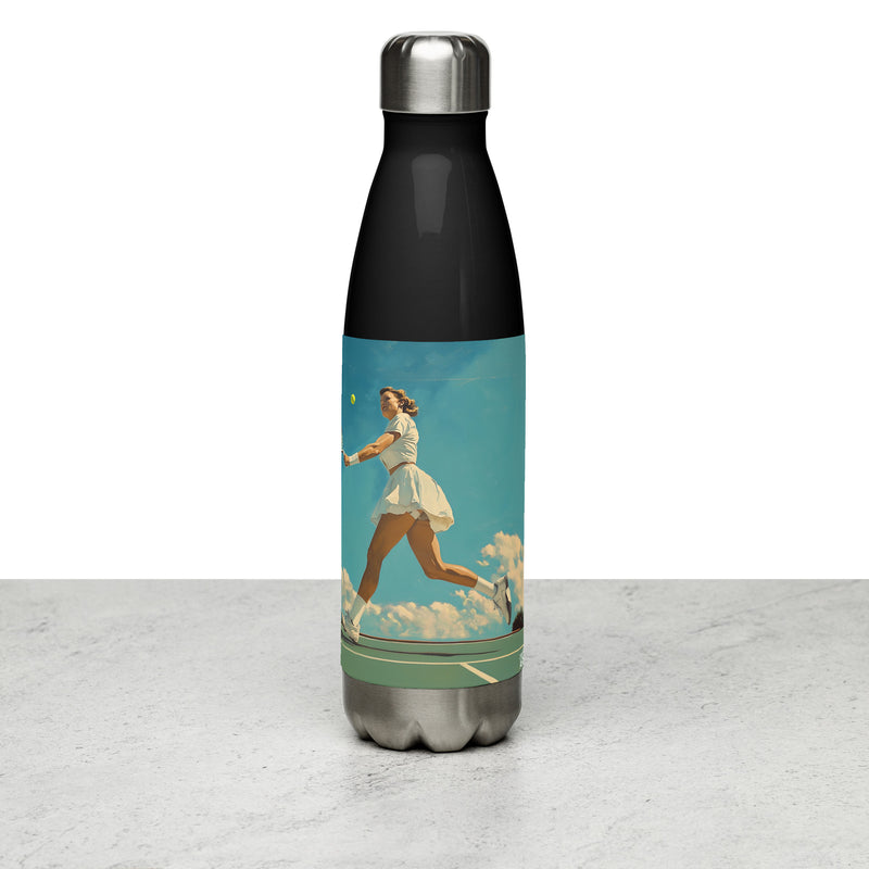 Context image of a Tennis-inspired stainless steel water bottle with the Chasing Victory artwork by Drese Art