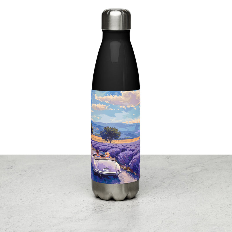 Context image of a French vintage stainless steel water bottle with the Lavender Hills artwork by Drese Art