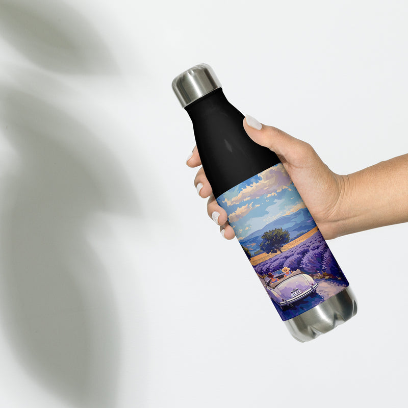 Context view of a French vintage stainless steel water bottle featuring the Lavender Hills artwork by Drese Art
