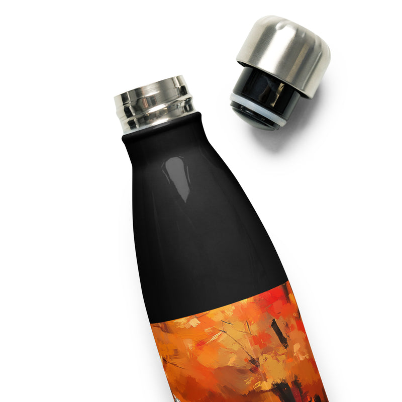 Detail view of a Baseball-inspired stainless steel water bottle with the Autumn Swing artwork by Drese Art