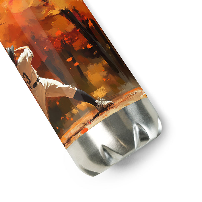 Close-up detail of the Autumn Swing artwork on a Baseball-inspired stainless steel water bottle by Drese Art