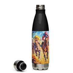 Context image of an Equestrian-themed stainless steel water bottle with the Fury of the Finish artwork by Drese Art