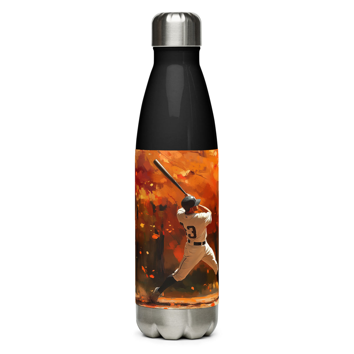 Baseball-inspired stainless steel water bottle showcasing the Autumn Swing artwork by Drese Art