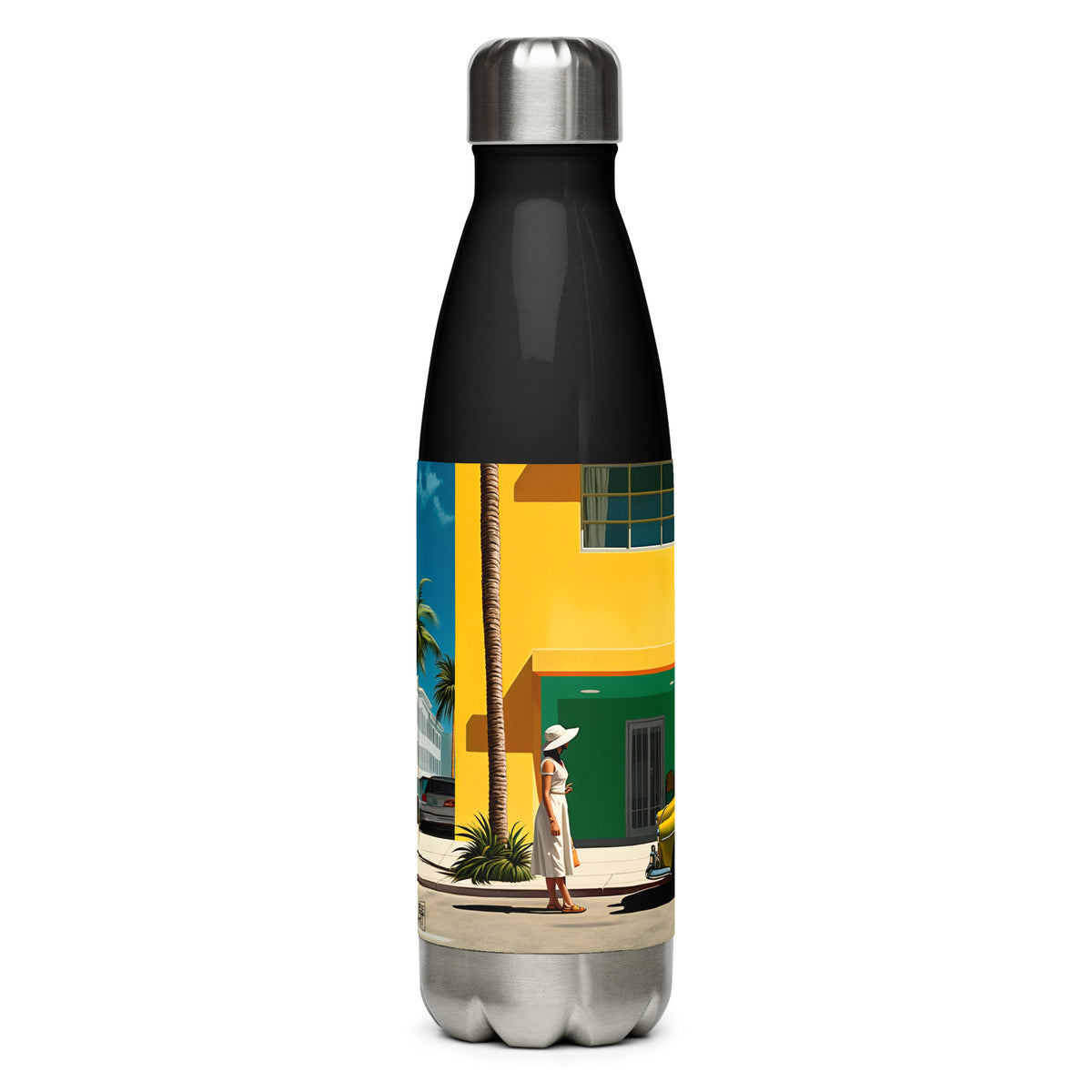 American vintage stainless steel water bottle featuring the Miami Mid-Century artwork by Drese Art