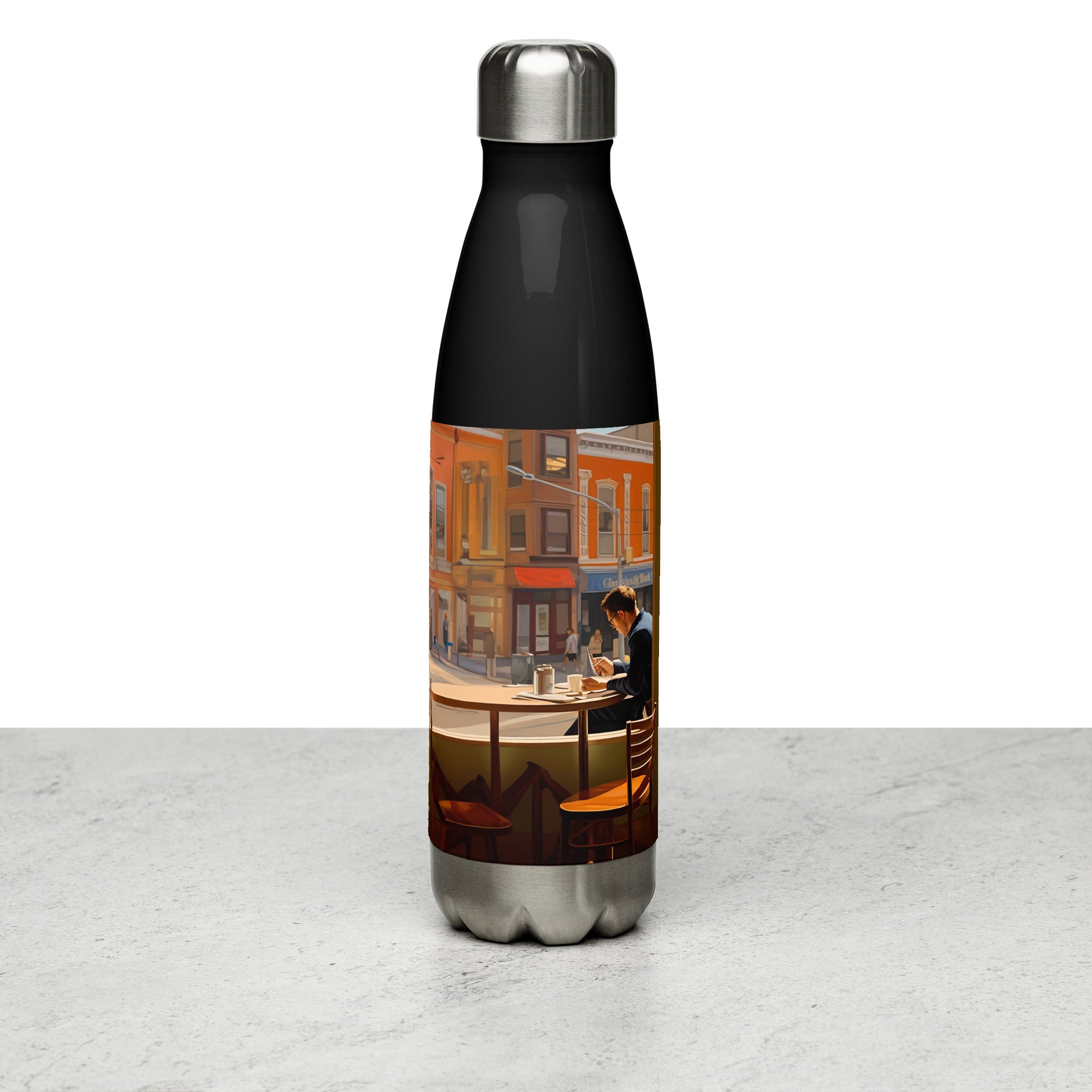 Context image of an American vintage stainless steel water bottle with the San Francisco Escape artwork by Drese Art