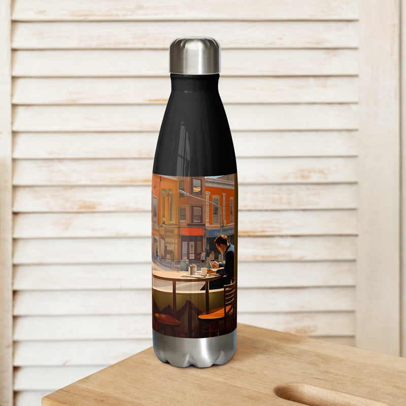 Context view of an American vintage stainless steel water bottle featuring the San Francisco Escape artwork by Drese Art