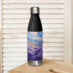 Context image of a French vintage stainless steel water bottle with the Lavender Hills artwork by Drese Art