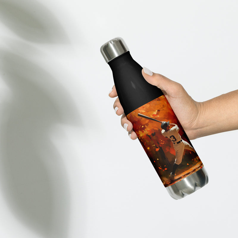 Context image of a Baseball-inspired stainless steel water bottle with the Autumn Swing artwork by Drese Art