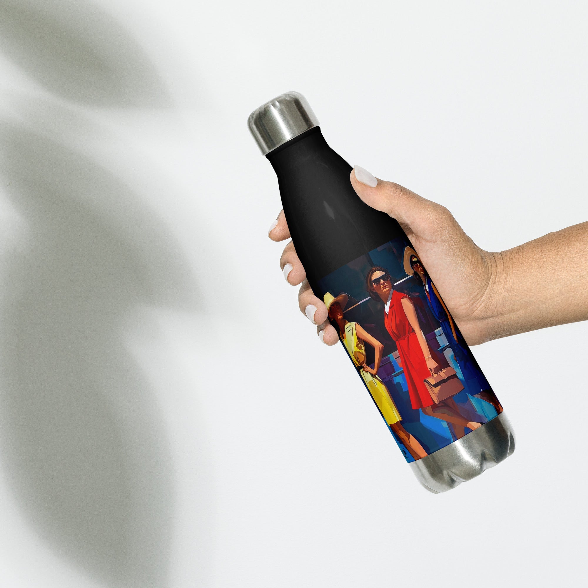 Context image of an American vintage stainless steel water bottle with the Colors of SoHo artwork by Drese Art