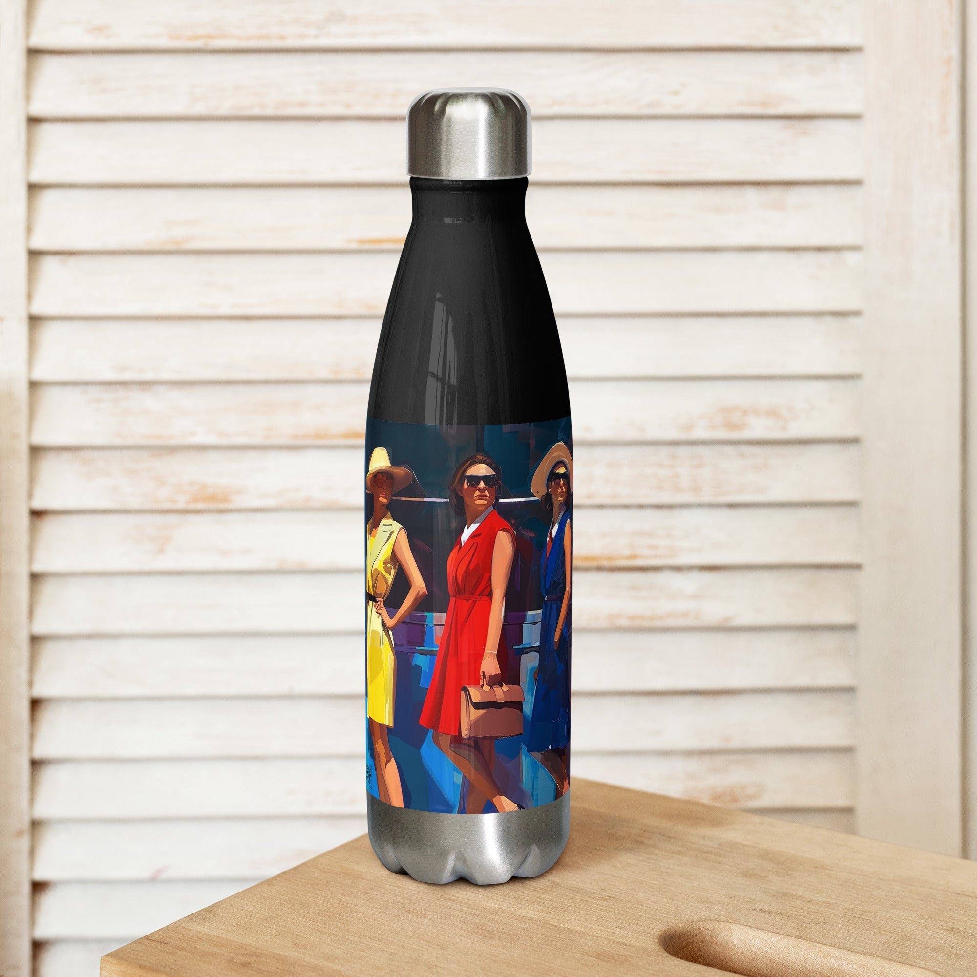 Context image of an American vintage stainless steel water bottle with the Colors of SoHo artwork by Drese Art