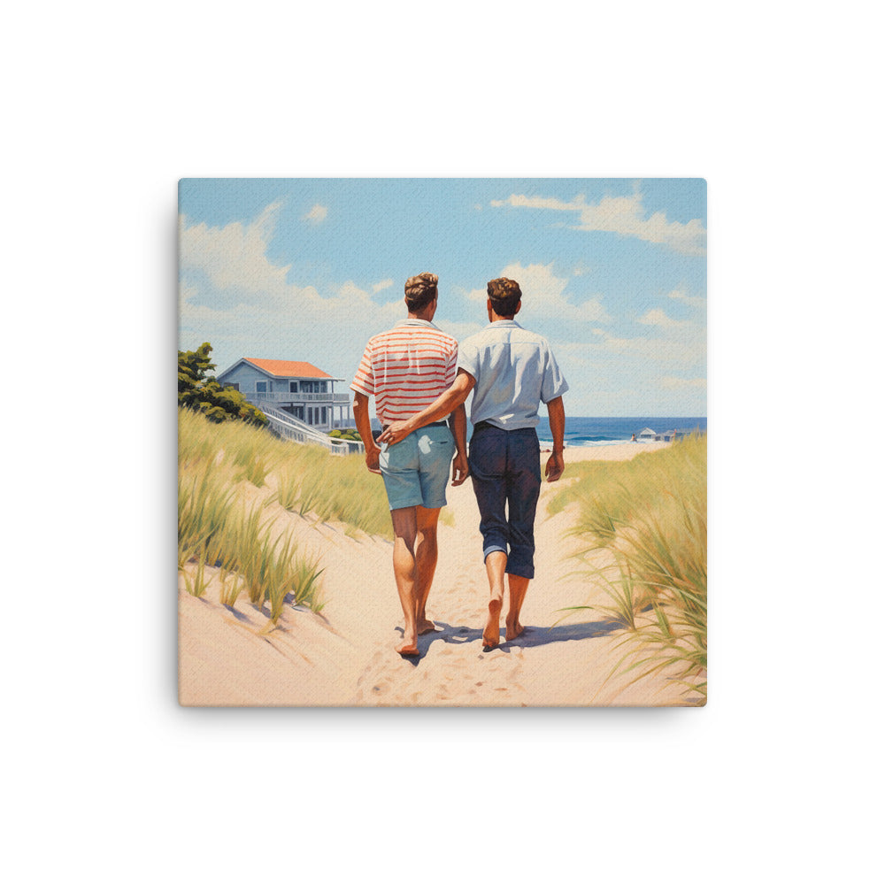 Square 16x16-inch Pride-inspired American vintage canvas print with the Stroll by the Beach artwork by Drese Art