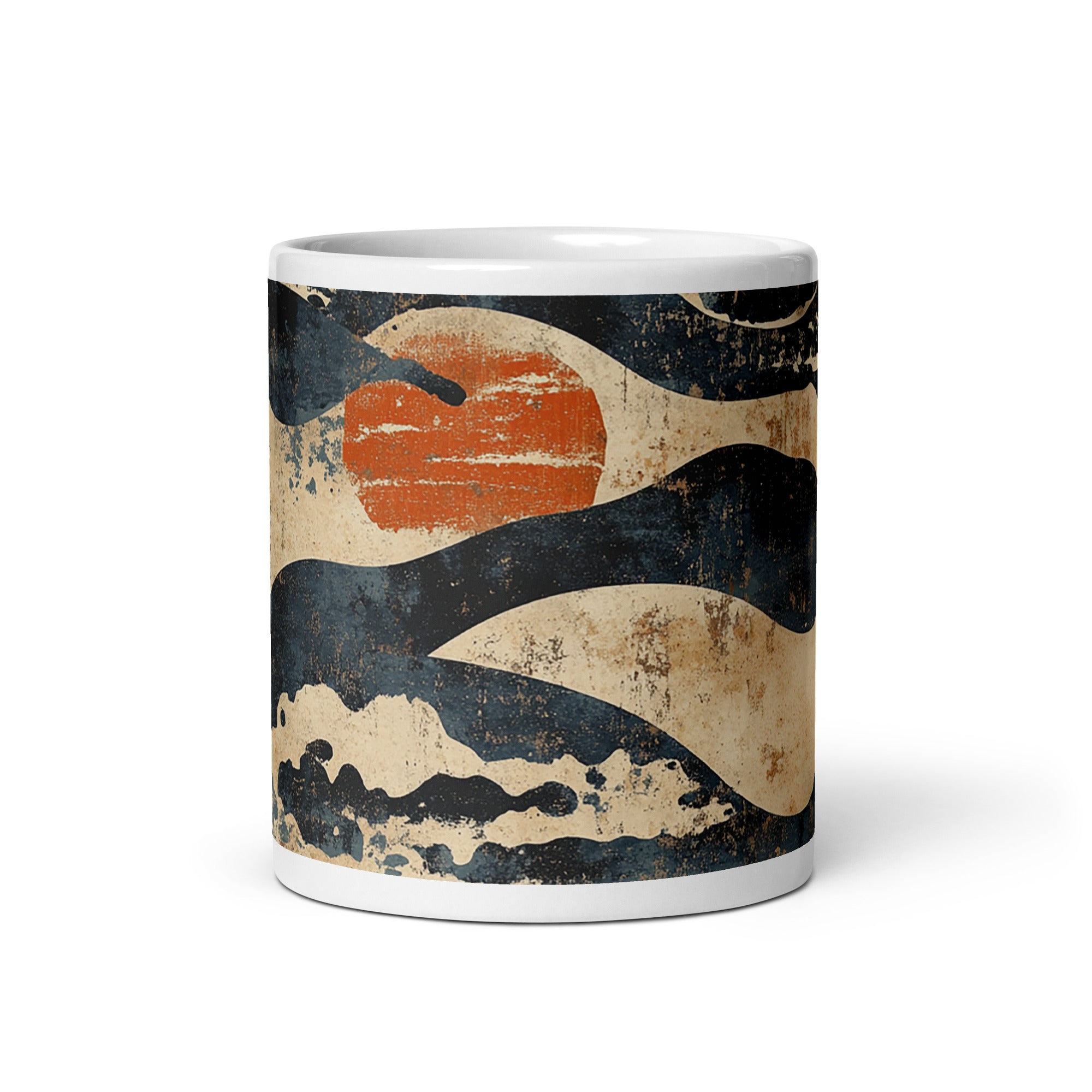 Detail view of Japanese vintage pattern ceramic mug with the Eternal Tides artwork by Drese Art