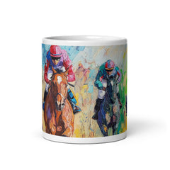 Detail view of Equestrian-themed ceramic mug with the Fury of the Finish artwork by Drese Art