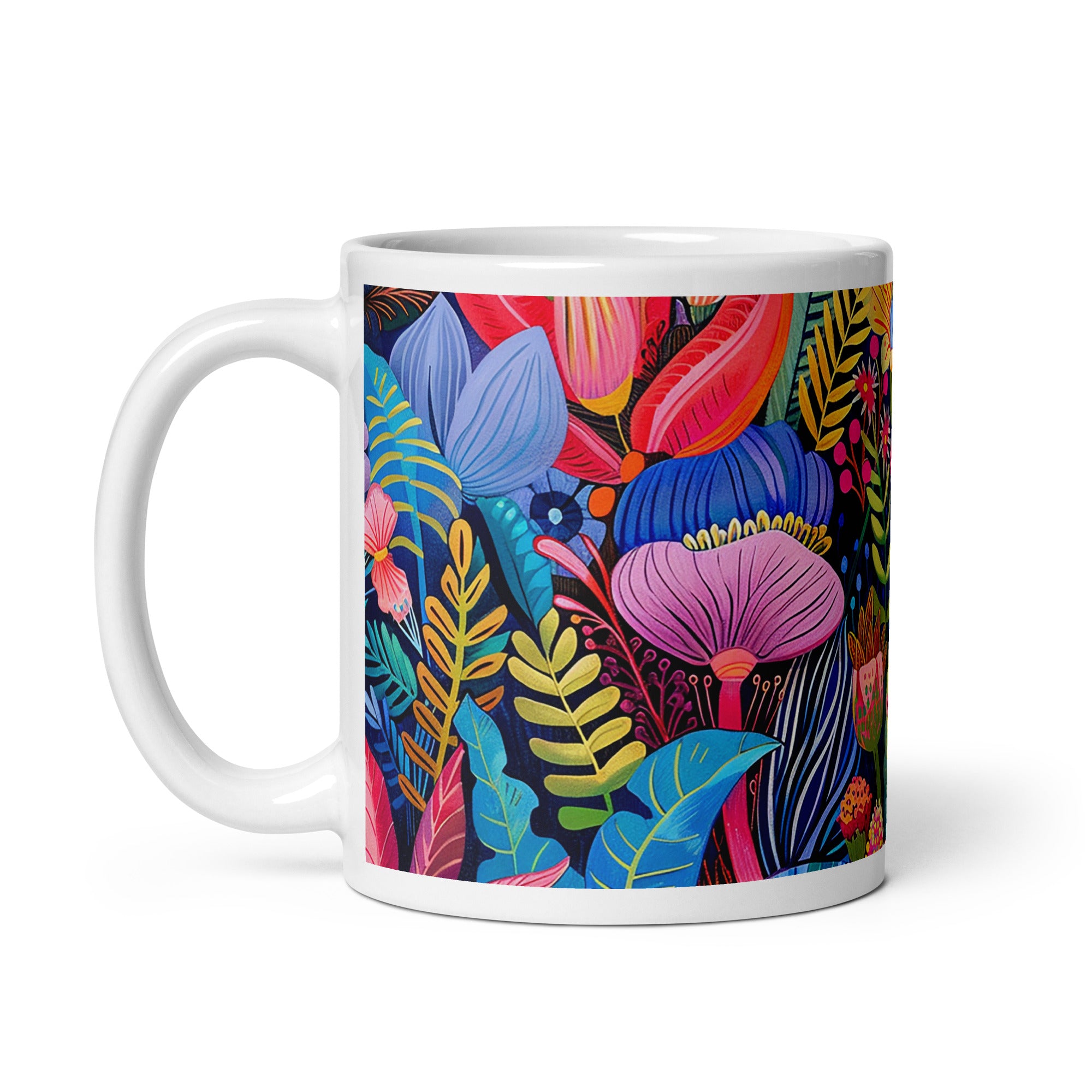 Detail view of African floral ceramic mug with the African Blossoms artwork by Drese Art
