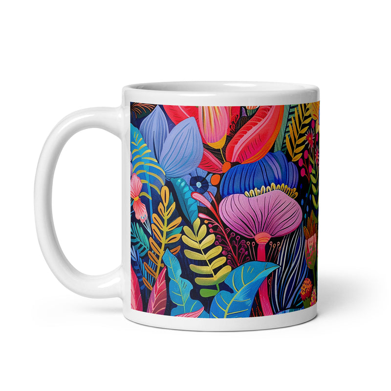 Detail view of African floral ceramic mug with the African Blossoms artwork by Drese Art