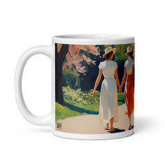 Detail view of Pride-inspired American vintage mug with the Springtime Serenade artwork by Drese Art