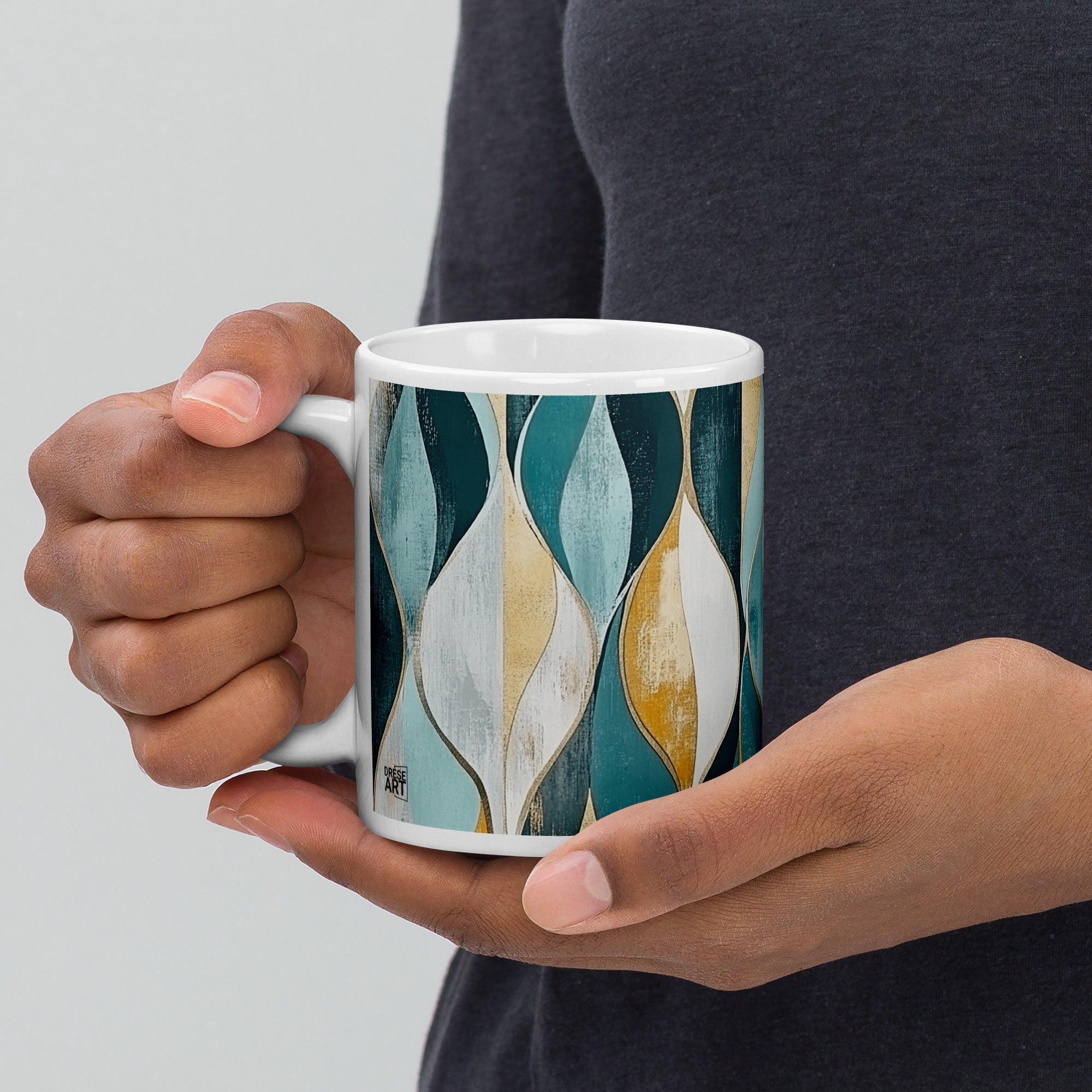 Context image of Abstract pattern ceramic mug with the Gilded Currents artwork by Drese Art