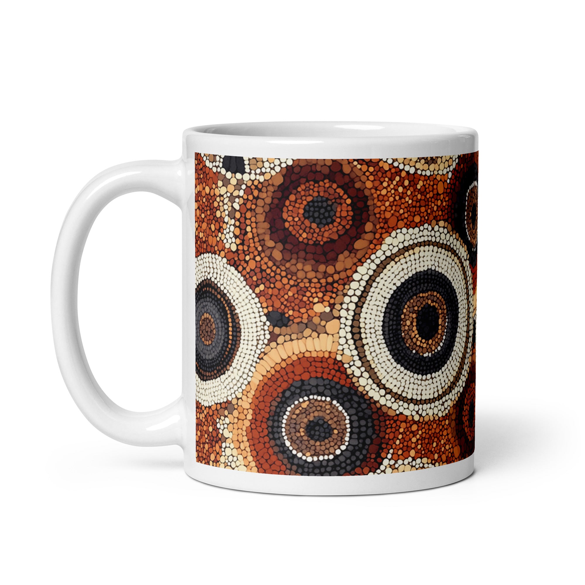 Detail view of Ethnic patterned ceramic mug with the Sacred Earth artwork by Drese Art