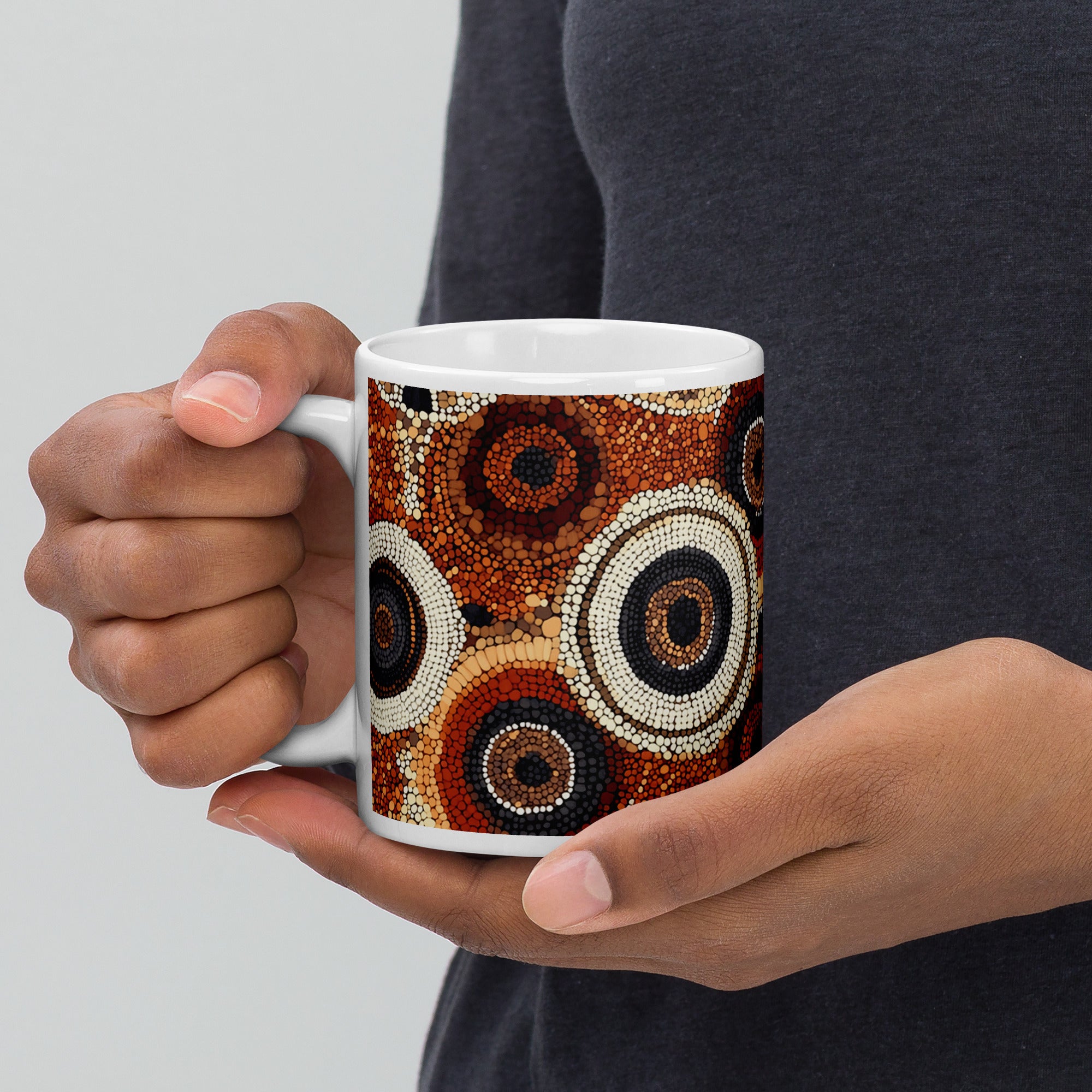 Context image of Ethnic patterned ceramic mug with the Sacred Earth artwork by Drese Art
