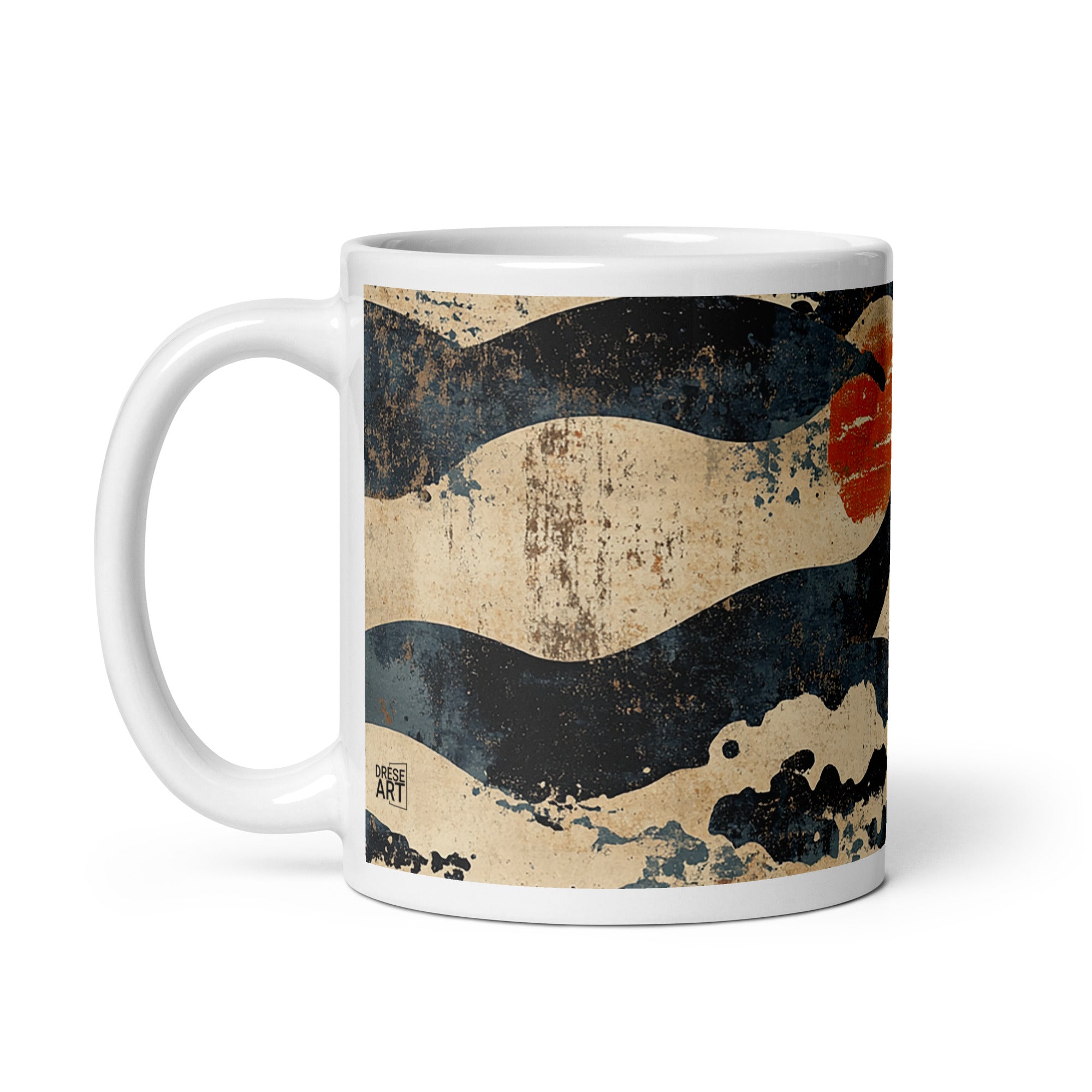 Detail view of Japanese vintage pattern ceramic mug with the Eternal Tides artwork by Drese Art