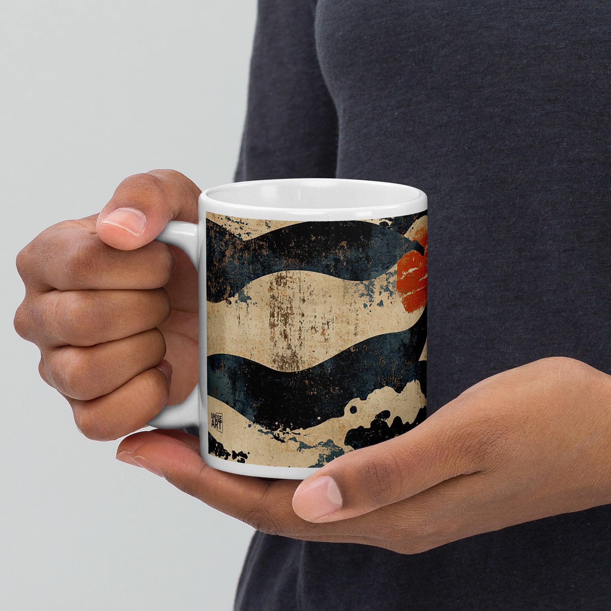 Context image of Japanese vintage pattern ceramic mug with the Eternal Tides artwork by Drese Art