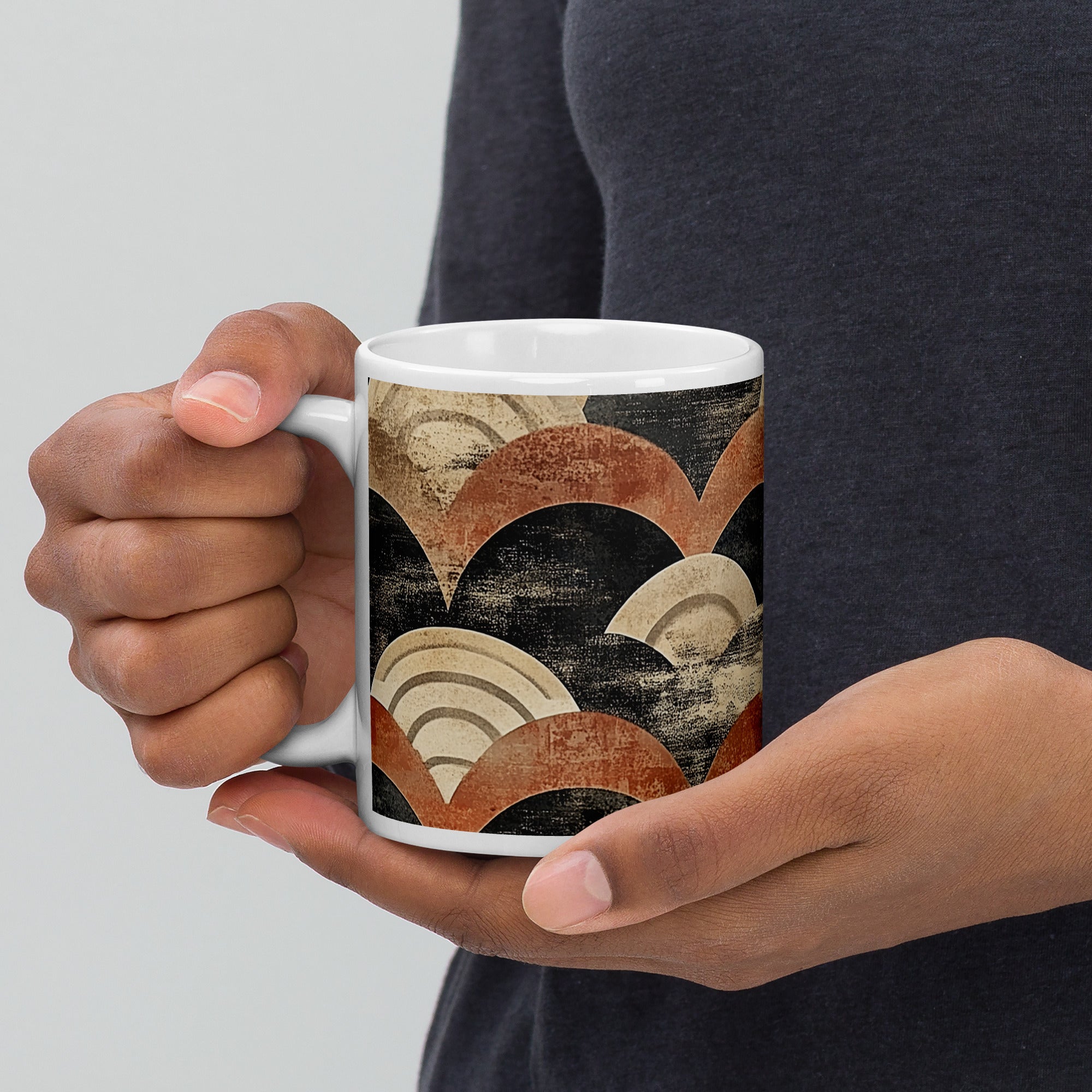 Context image of Japanese vintage pattern ceramic mug with the Aged Tides artwork by Drese Art