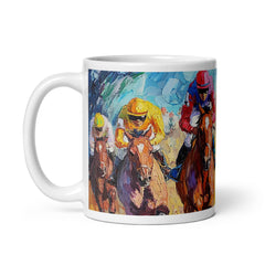 Detail view of Equestrian-themed ceramic mug with the Fury of the Finish artwork by Drese Art