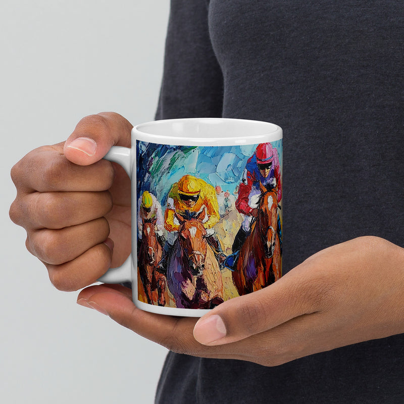Context image of Equestrian-themed ceramic mug with the Fury of the Finish artwork by Drese Art