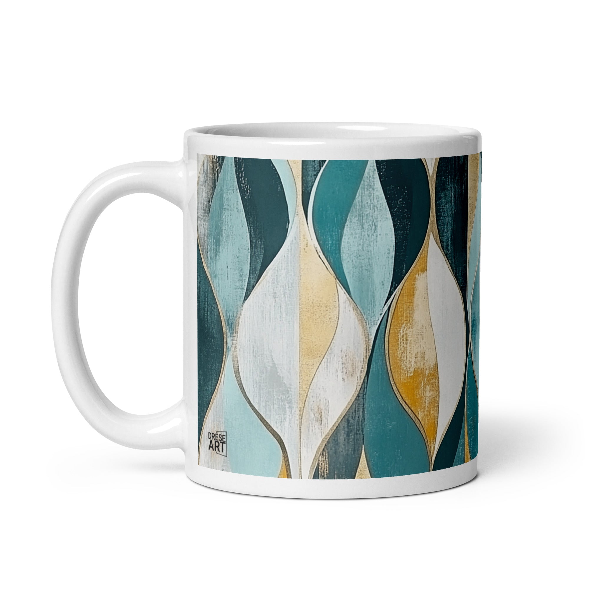 Detail view of Abstract pattern ceramic mug with the Gilded Currents artwork by Drese Art